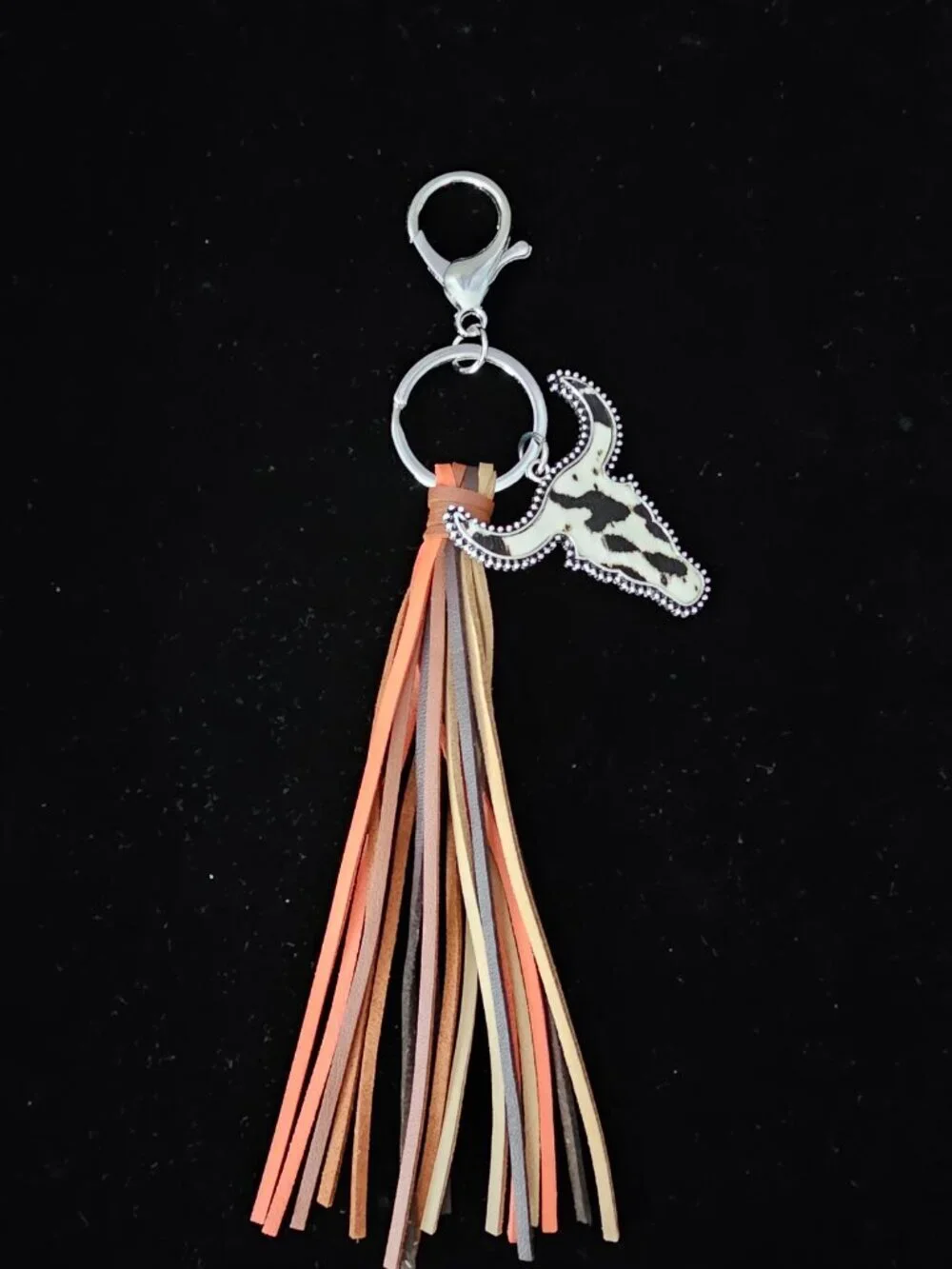 Western Tassel Leather Fringe Boho Steer Cow Bull Head Keychain Bag Charm New